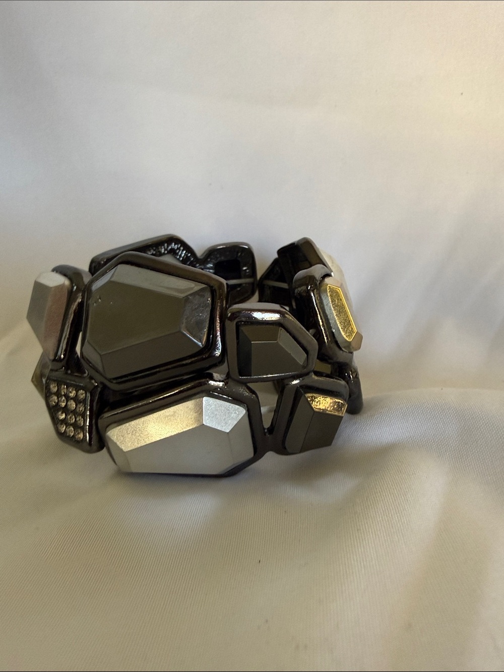 Chunky Gunmetal Geometric Stretch Cuff Bracelet Silver Amber Crystals